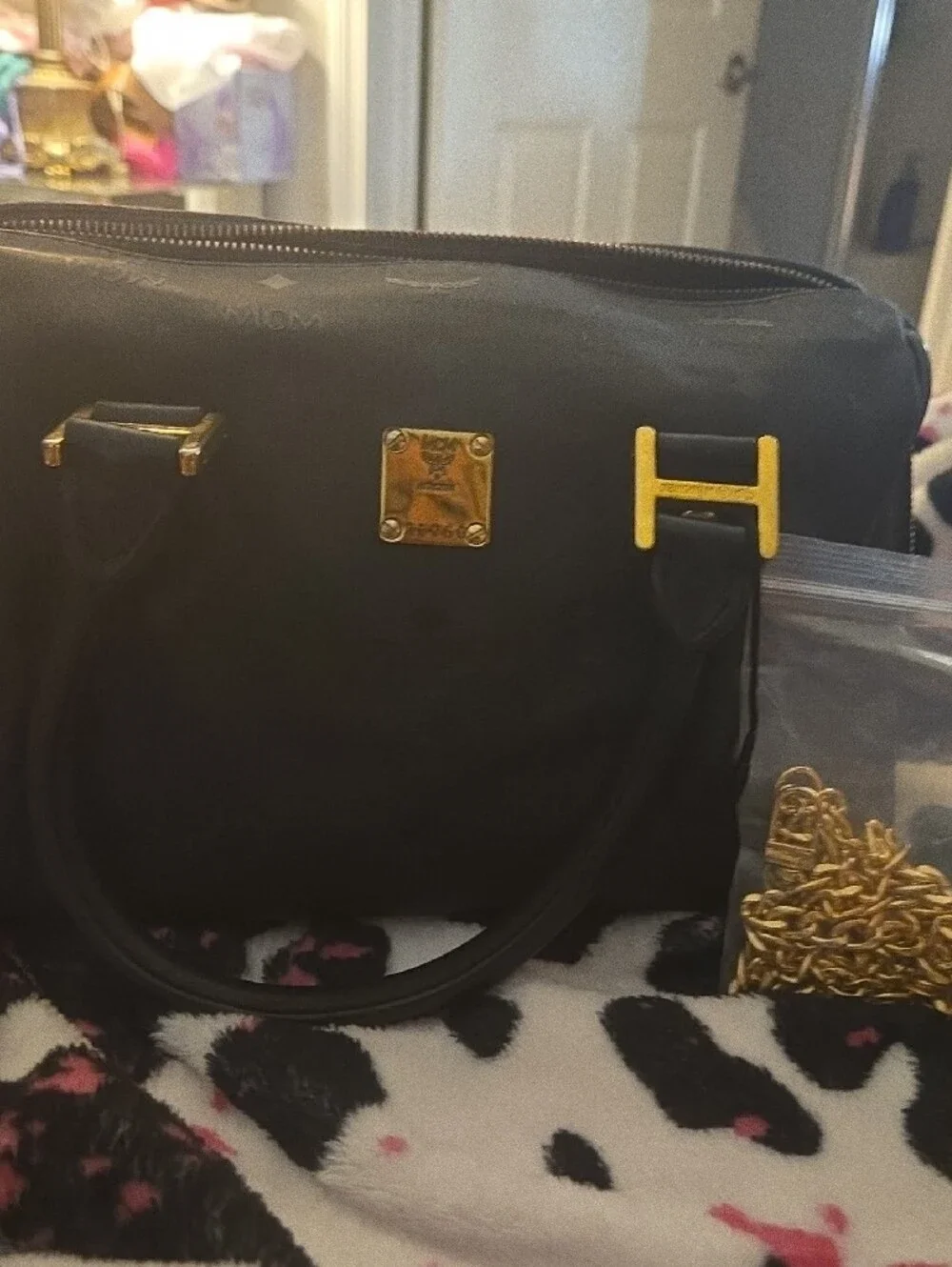 MCM Black Satchel with Gold Hardware and Logo Plaque, Chain Included. Make Offer